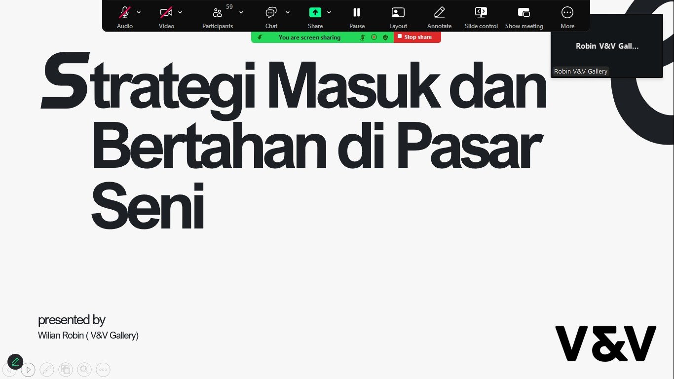 Materi Strategi Masuk dan Bertahan di Pasar Seni yang dipresentasikan oleh Robin.