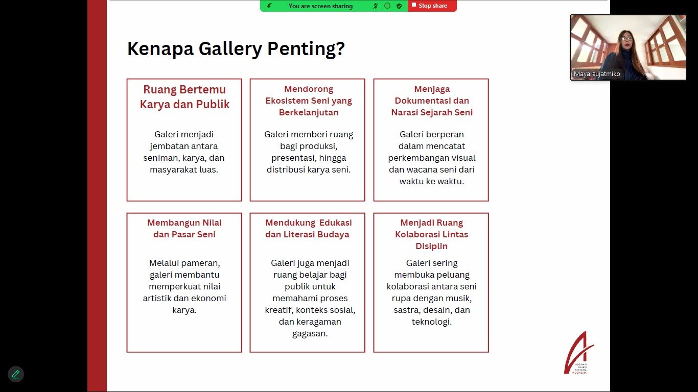 Infografis tentang pentingnya galeri seni sebagai ruang pertemuan seniman dan publik serta pengembangan ekosistem seni, materi dari Maya Sujatmiko.